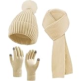 Winter Beanie Hat Scarf Gloves Set for Women, Fleece Knit Pompom Beanie Neck Warmer Long Scarf Touchscreen Gloves 3 in 1 Set