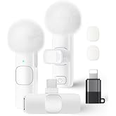 Wireless Lavalier Microphone for iPhone iPad and Android Phone, 2 Pack Lapel Mic Plug and Play Wireless Mic Noise Reduction Microphone for Video Recording Interview Podcast Vlog YouTube (White)
