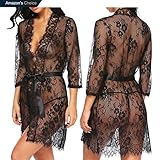 Venukiss Women's V Neck Sheer Lace Kimono Cardigan Lingerie Beach Bikini Bath Robe 3 4 Sleeve Babydoll Nightgown