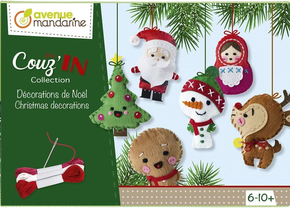 Avenue Mandarine - Ref KC062C - Creative Box - Mini Couz'in Christmas Decorations to Sew - Christmas Tree, Santa, Reindeer, Snowman & Gingerbread Man, Suitable for Ages 6-10+