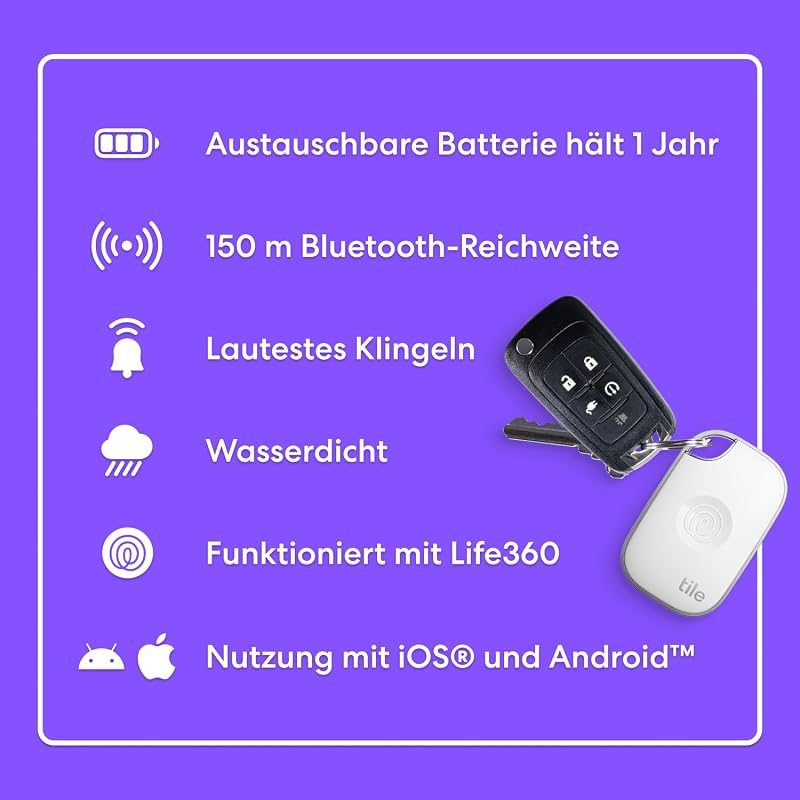 Tile Pro - Leistungsstarker Bluetooth-Tracker, Schlüssel- und Gegenstandsfinder für Schlüssel, Taschen und mehr. iOS- & Android-kompatibel. Handy-Finder. 4er-Pack (Schwarz/Weiß)
