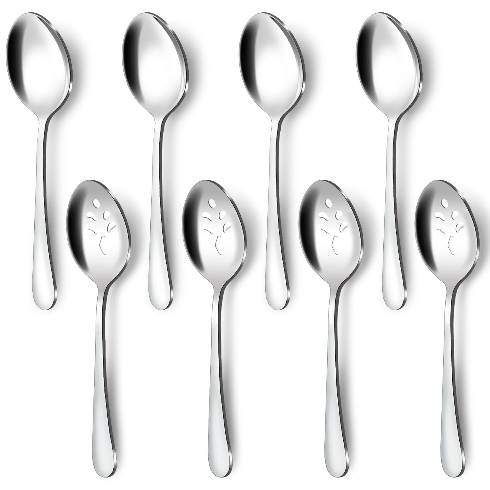 BEWOS 8-Piece Stainless Steel Serving Spoon, 4 Serving Spoons and 4 Slotted Spoons, 9.1-Inch, Dishwasher Safe, Ideal for Buffets and Parties