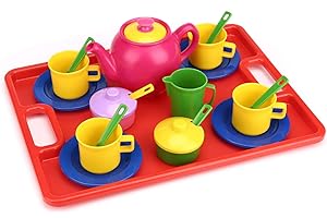 FLORMOON Toy Tea Set - 19pcs Pretend Play Tea Set - Durable Construction, Food-Safe Material, BPA Free, Phthalates Free - Learning Shapes & Colors Toy for Kids Children Tea Party and Fun