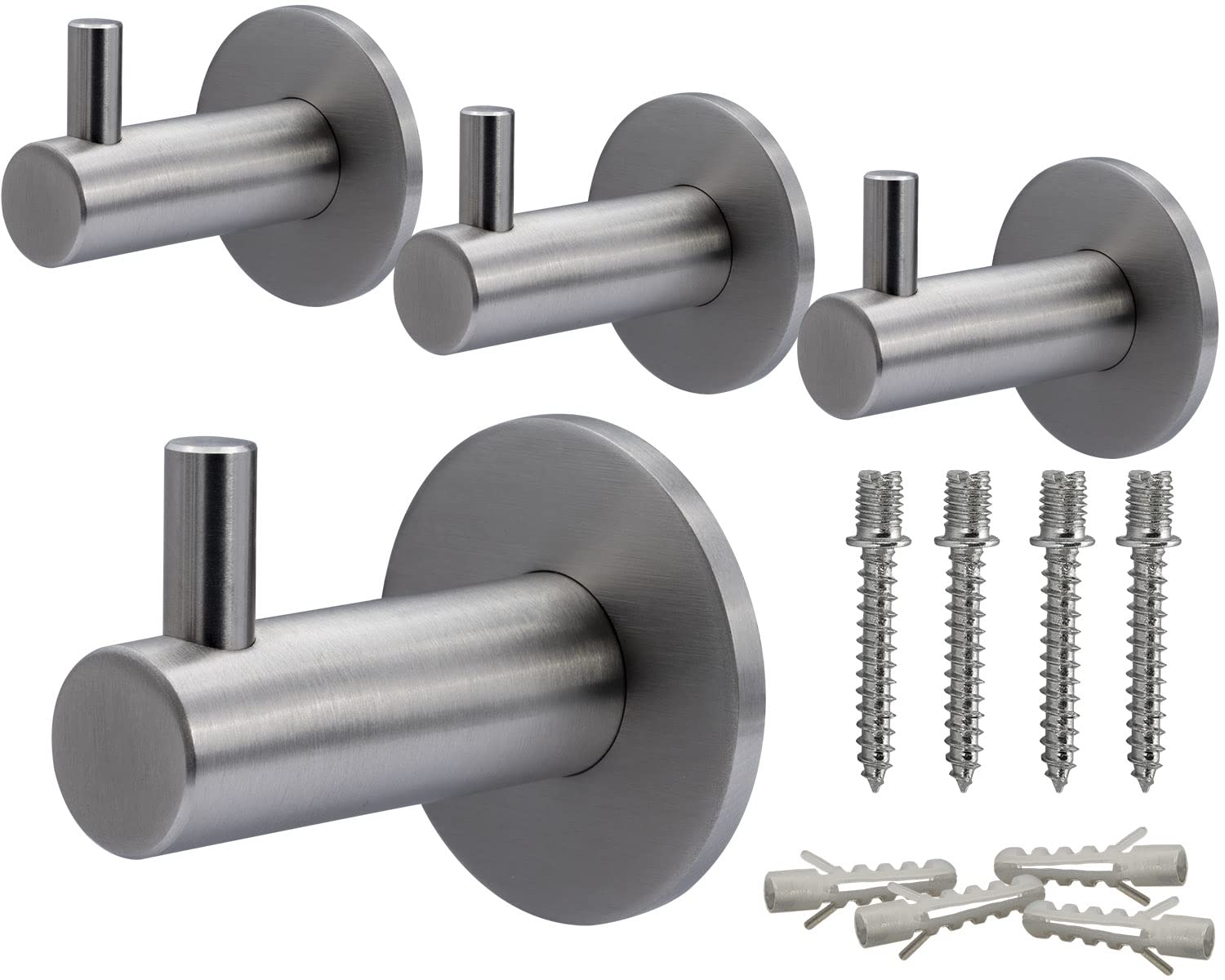 Neuhall 4 x Wall Hooks, Brushed Stainless Steel, Rust-Free, Bathroom Towel Rail for Wall Mounting, Includes Fixing Set, Classic Round Length: 40 mm