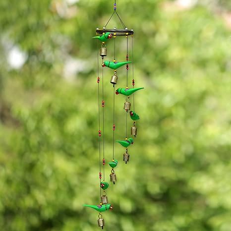 ExclusiveLane Parrot Home Decorative Hanging Cum Outdoor Garden Bells Wind Chime (Green, Wood)