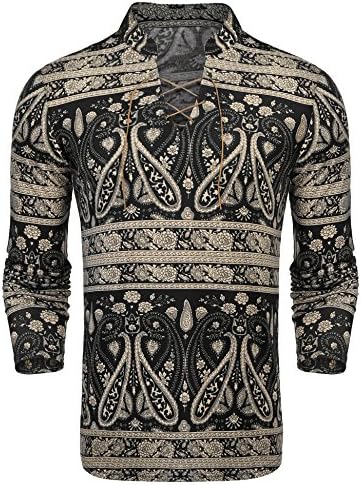 Simbama Mens Paisley Shirt Long Sleeve Slim Fit Casual Cotton Printed Henley Lace up T Shirt