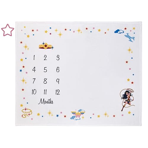 NoJo Wonder Woman White and Gold Star-Tiara, Lasso of Truth, and The Invisible Jet Milestone Baby Blanket