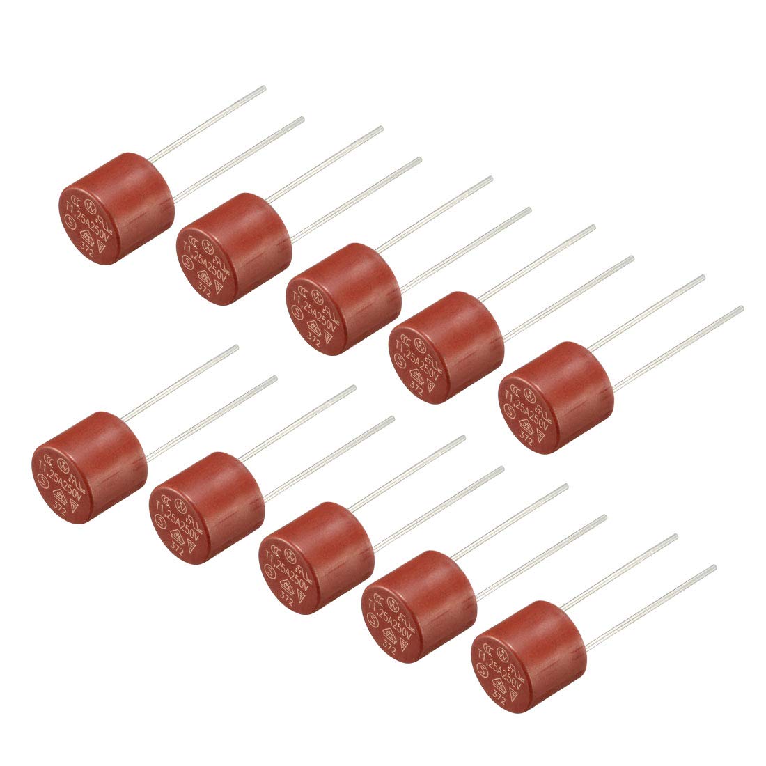 sourcing map 10Pcs DIP Mounted Miniature Cylinder Slow Blow Micro Fuse T1.25A 1.25A 250V Red