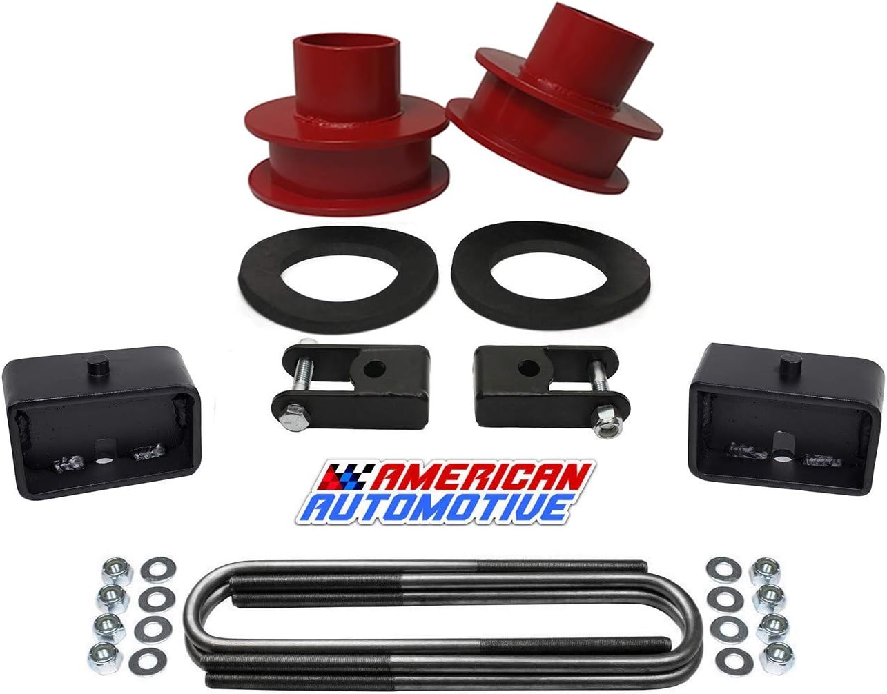 American Automotive F250 F350 Super Duty 4WD 3.5 Red Front Leveling Lift Spring Spacers and 3 Rear Lift Block Kit + Shock Extenders