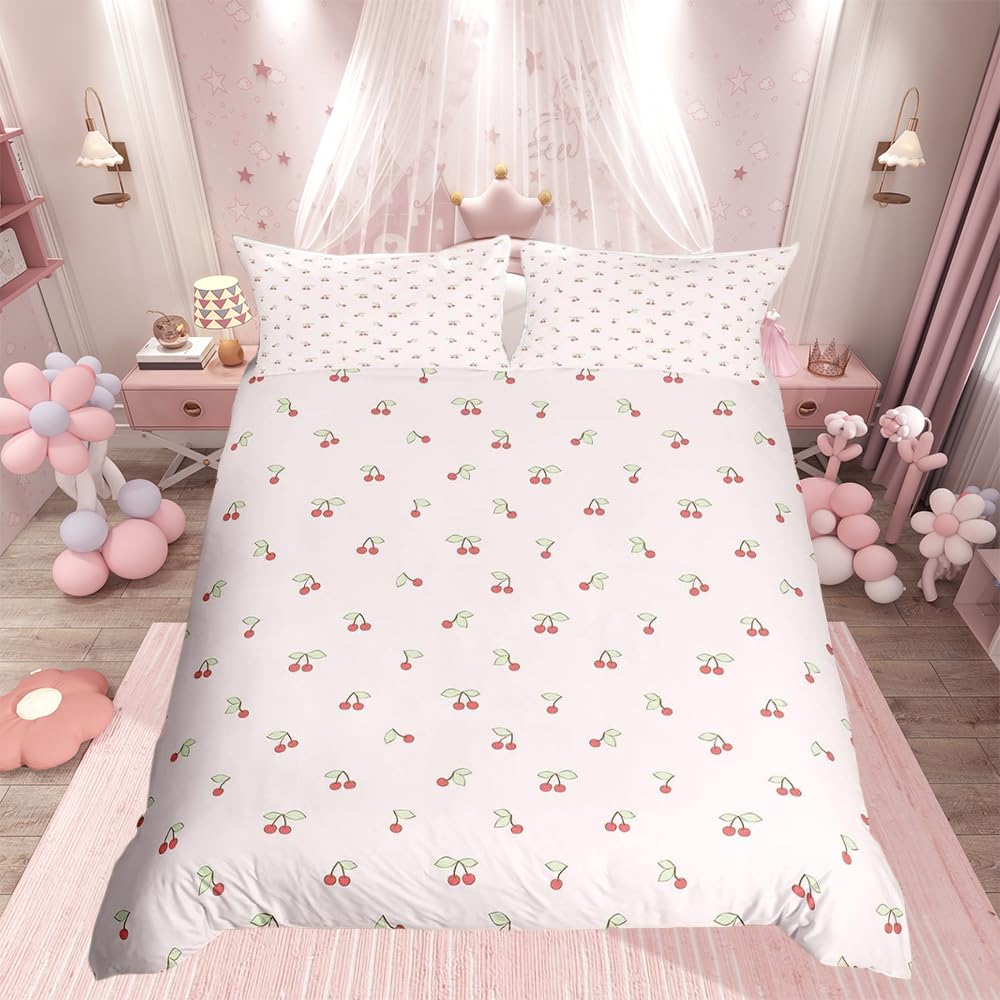 Fruit Kids Pink Comforter Cover Set Cherry Pattern Toddler Bedding Set Boys Girls Cute Kawaii Cherries Duvet Cover Set Girly Cute Quilt Cover 2Pcs Single Size — image 1