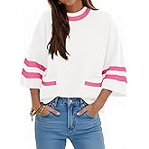 Cicy Bell Womens Oversized Sweater 3/4 Sleeve Mock Neck Color Block Chunky Knit Sweaters Casual Fall Pullover Tops