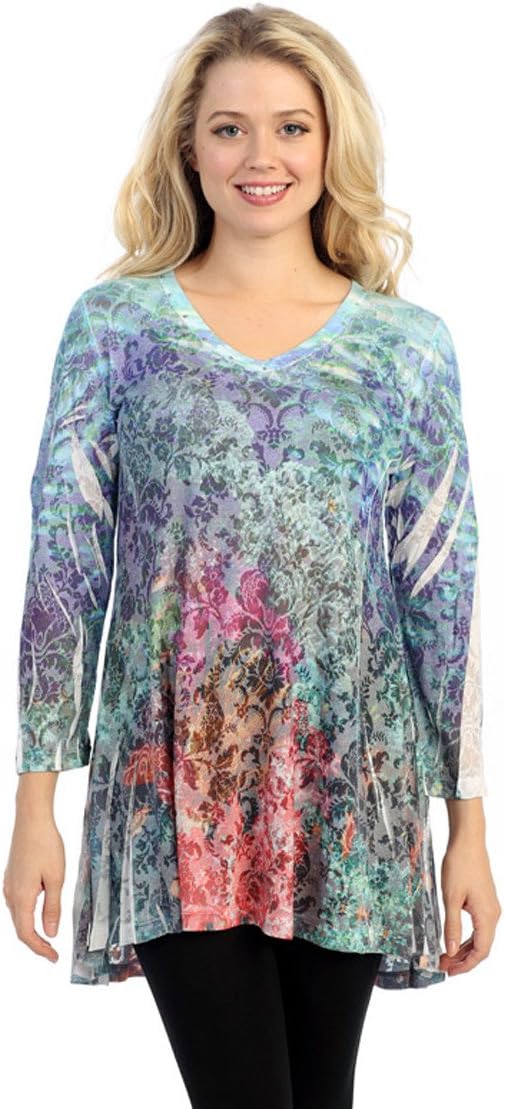 Katina Marie - Colored Haze, 3/4 Sleeve Rhinestone V-Neck Hi-Low Hem Tunic