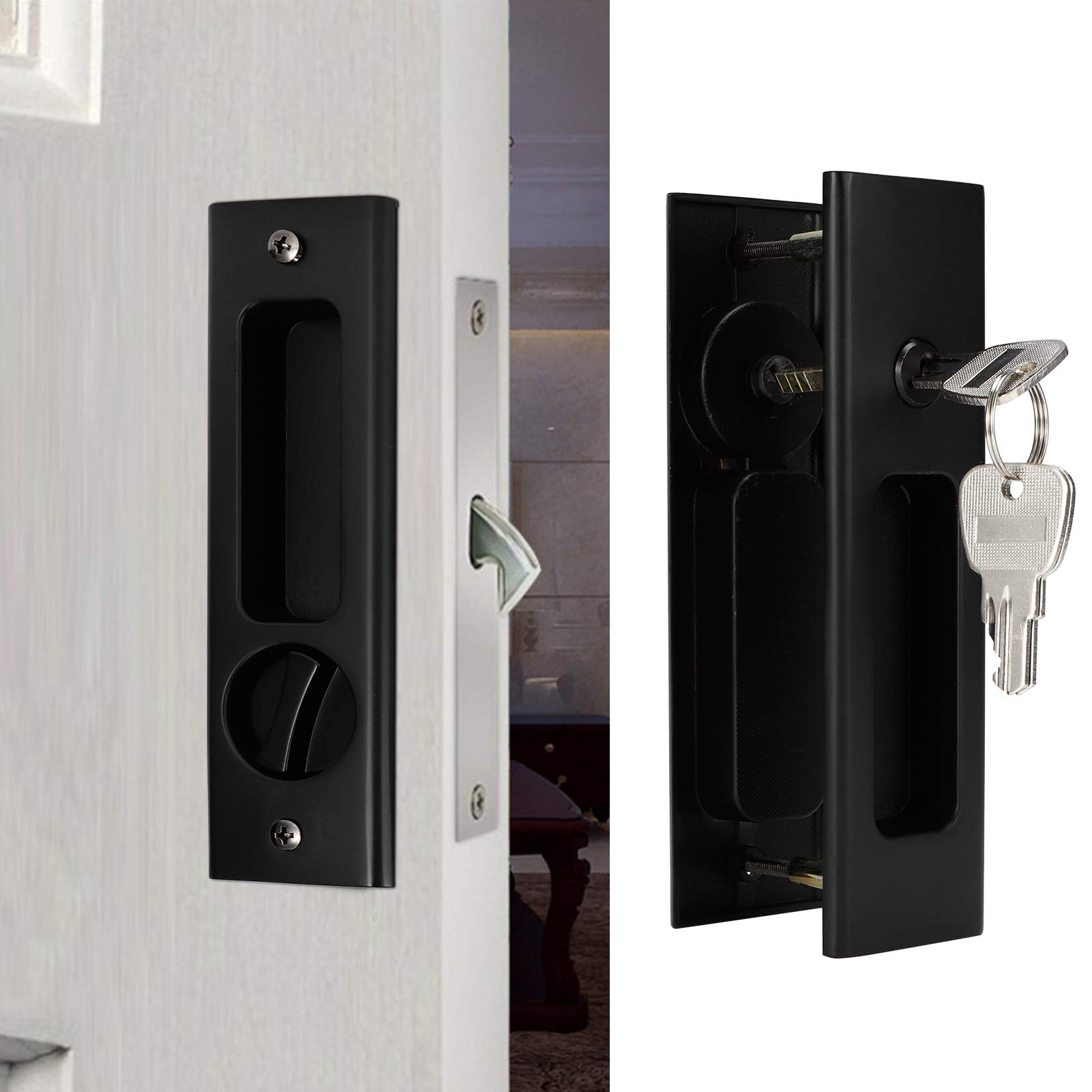 Sliding Door Lock, Zinc Alloy Sliding Barn Door Mortise Latch Lock Invisible Recessed Handle Latch, Set Bathroom Balcony Cabinet Door Hardware (Classic Black Square Single Hook