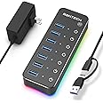 Powered USB Hub, RSHTECH RGB 7 Ports USB 3.0/USB C Hub with 14 Mode RGB LED Strip, Individual Touch Switches, 3.3ft Cable and 5V/4A Power Adapter, Aluminum Gaming USB Hub for PC and Laptop, RSH-518R