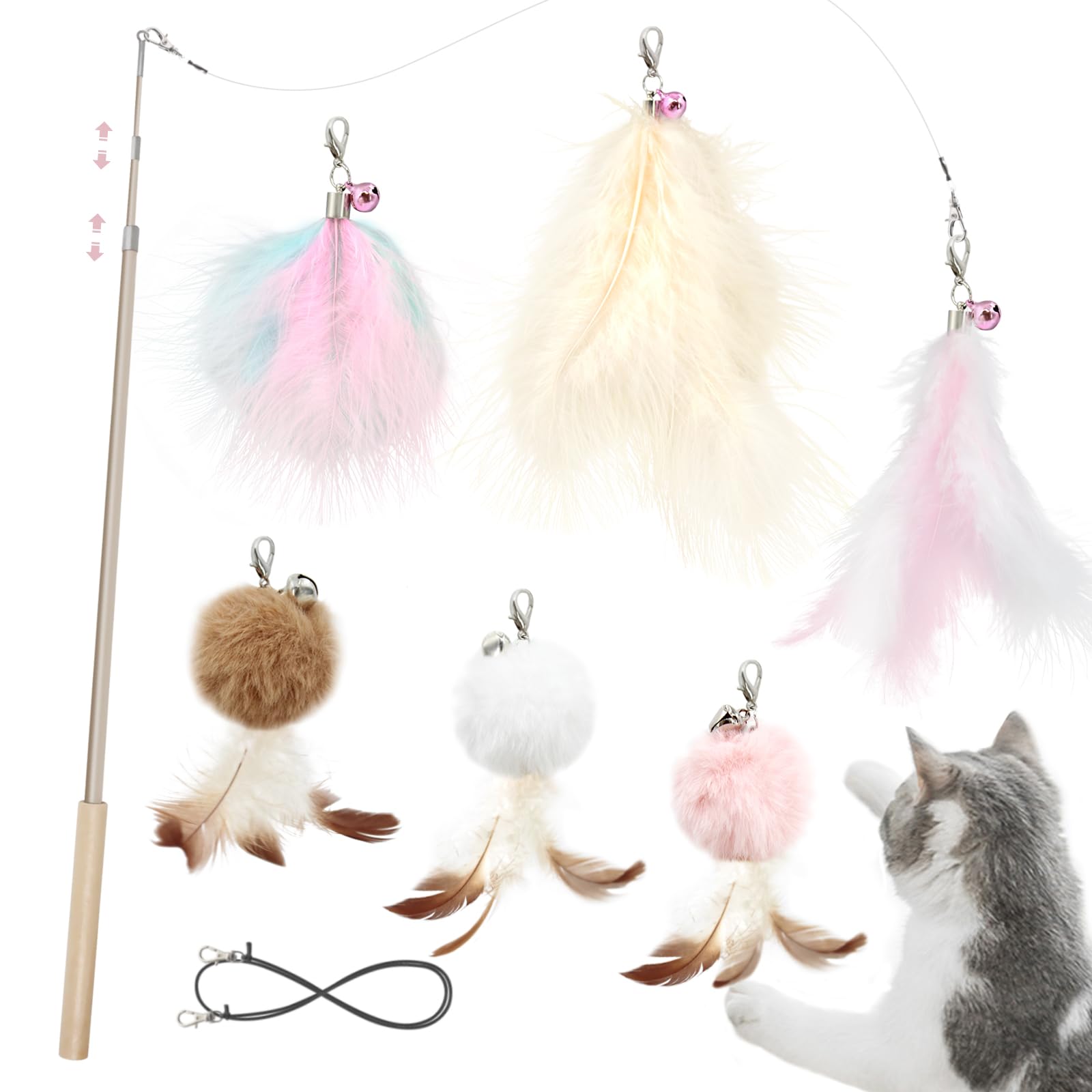 SONGWAY Cat Toy Feather Wand - Retractable Cat Wand Toys with 6 Cat Feather Toy Refills with Bell, 7 PCS Interactive Cat Toys for Indoor Cats and Kittens, Pink