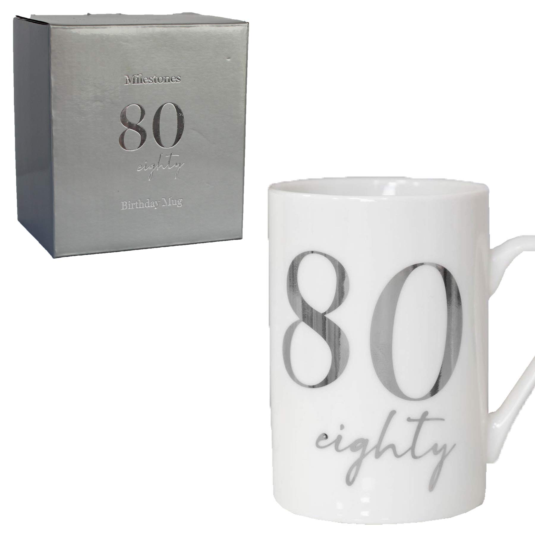 White Bone China Mug with Silver Foil Number - 80th Eighty 80 Birthday