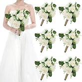 HOMENERGY Set of 6 Wedding Bridesmaid Bouquets - 7 Inch Ivory Artificial Flowers Bouquets for Ceremony Anniversary Centerpieces Decorations