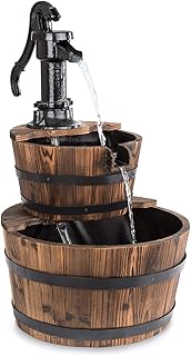 blumfeldt Cascada Doble Kaskadenbrunnen - Zierbrunnen, 2 Etagen Holzfässer, 12 Watt Pumpe, kein Wasserzulauf erforderlich, Holzbottiche aus Tannenholz, Handpumpe aus Gusseisen, braun