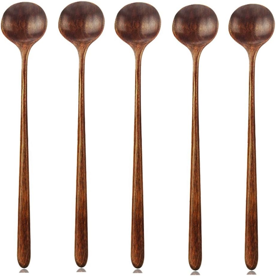 Binchil Long Spoons Wooden, 5 Pieces Korean Style 10.9 inches 100% Natural Wood Long Handle Round Spoons for Soup Cooking Mixing Stirrer Kitchen Tools Utensils (Korean Style Soup Spoon)