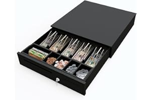 Flexzion Cash Drawer for Small Businesses - Black, 16-inch Metal Cash Register with Electronic RJ-11 Point of Sale (POS) Connection, 5 Bill 5 Coin Slots - Compatible with Star, Epson, Citizen Printers