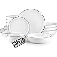 Zulay Kitchen Nova Porcelain Dinnerware Set, Service For 4 - Chip & Scratch Resistant White Plates And Bowls Sets - Microwave & Dishwasher Safe - White With Black Rim