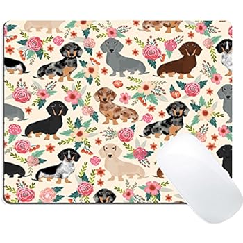 Wknoon Dachshund Sausage Dogs Puppies Pink Flowers Print Art Gaming Mouse Pad Custom, Cute Colored Floral Daschund Seamless Dog Design Print Art