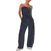 LAMISSCHE Womens Strapless Jumpsuits Cargo Pants Jumpsuits Tube Rompers | Off The Shoulder Romper, Summer Wide Leg Jumpsuits, Zip Up, Elastic Waist, One Piece Outfits With Pockets