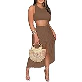 LYANER Women's 2 Piece Outfits Sleeveless Tank Crop Top and Wrap Split Slit Ruched Bodycon Midi Skirt