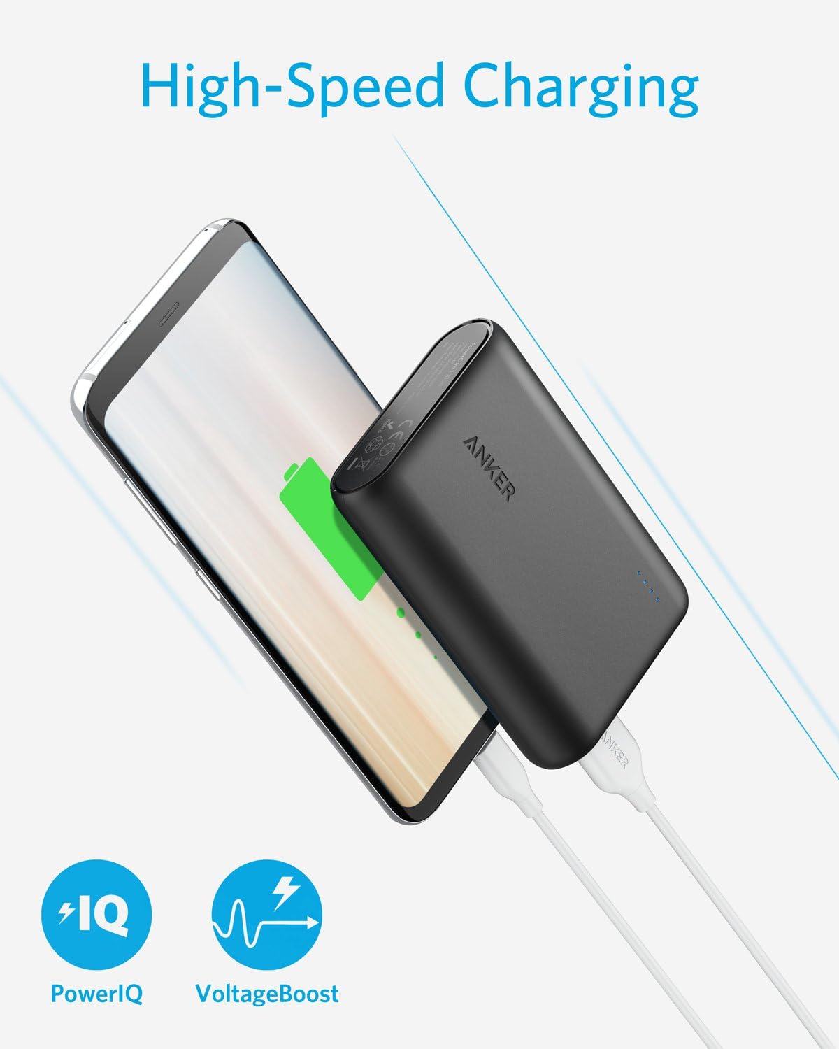 Anker PowerCore 10000 Portable Charger, One of The Smallest and Lightest 10000mAh Power Bank, Ultra-Compact Battery Pack, High-Speed Charging Technology Phone Charger for iPhone, Samsung and More.
