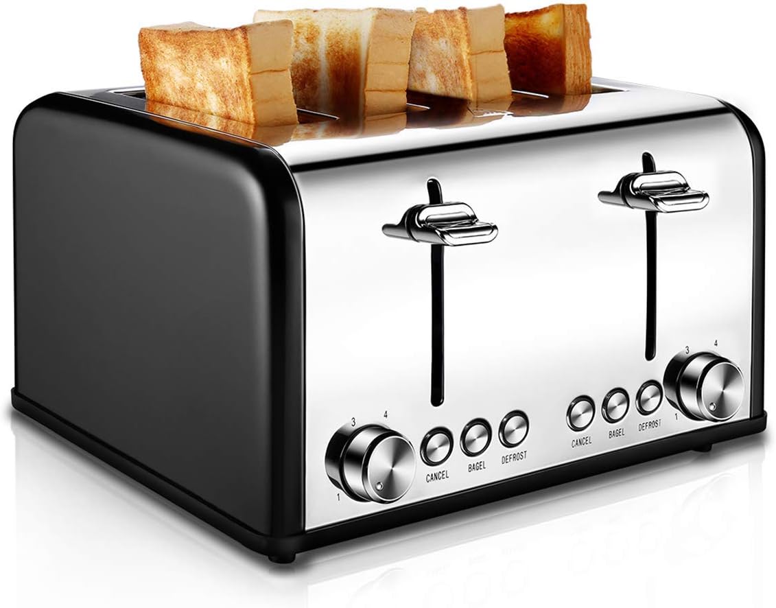 Toaster 4 Slice, CUSIBOX Stainless Steel Toaster with BAGEL/DEFROST/CANCEL Function, Extra Wide Slots Four Slice Bread Bagel Toaster, 1650W, Black (Renewed)