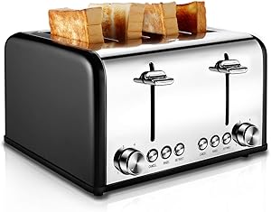 Toaster 4 Slice, CUSIBOX Stainless Steel Toaster with BAGEL/DEFROST/CANCEL Function, Extra Wide Slots Four Slice Bread Bagel Toaster, 1650W, Black (Renewed)