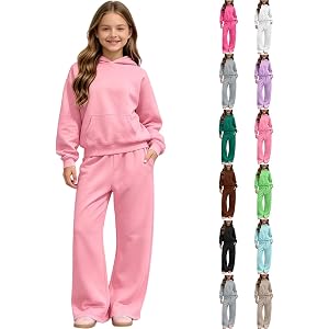 ZGTWHZY Girls Sweatsuit 2 Piece Sets Fall Winter Fleece Hoodie and Wide Leg Sweatpants Set with Pockets for 4-13 Years