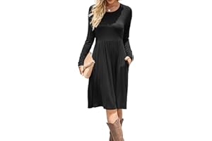 DB MOON Women Casual Long Sleeve Dresses Empire Waist Knee Length Loose Dress with Pockets