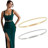 XZQTIVE 2 Pieces Women Skinny Metal Chain Waist Belt Stretchy Saree Cinch Belt for Dress Gold Sliver