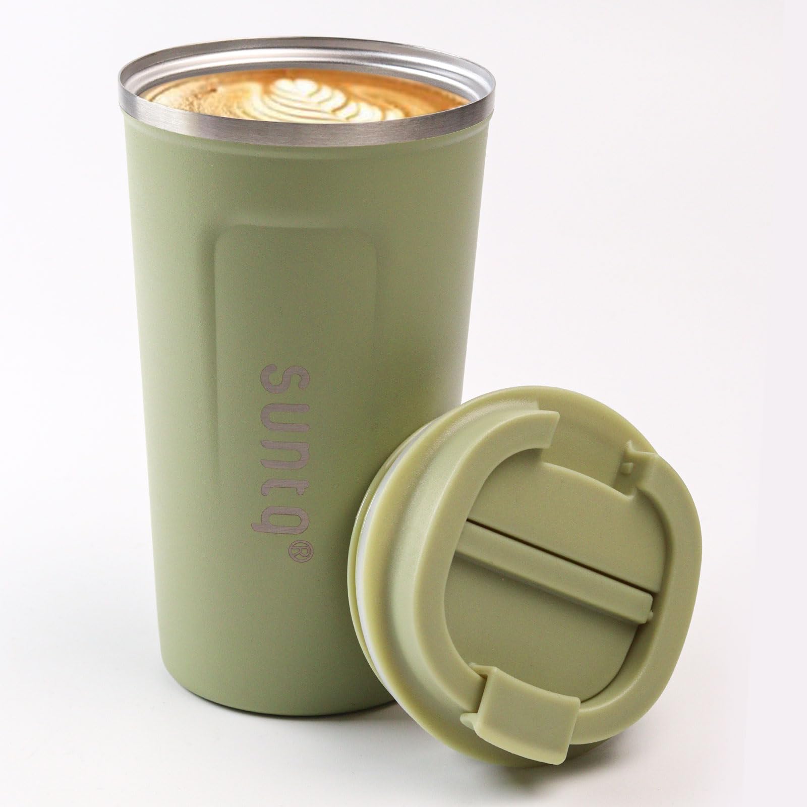 SUNTQ Reusable Travel Mug - Stainless Steel Insulated Cup - Leakproof Lid for Hot & Cold Drinks, 18oz, Sage Green