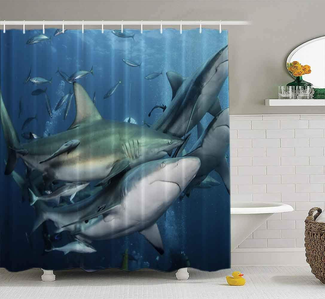 EMMTEEY Shark Shower Curtain, Large Number of Oceanic Black Tip Sharks South Shoal Dive Site Africa'S Aliwal 72X78Inch Bath Shower Curtain Waterproof for Kids Shower Curtain Bathroom Decor