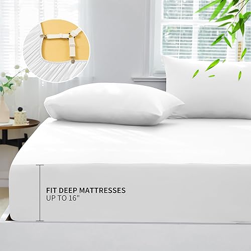 HCORA 100% Viscose Derived from Bamboo Fitted Sheet with Pillow Cases for Hot Sleepers, 400 Thread Count, 16" Deep Pocket, Silky Soft, Cooling and Breathable, Full Size, White