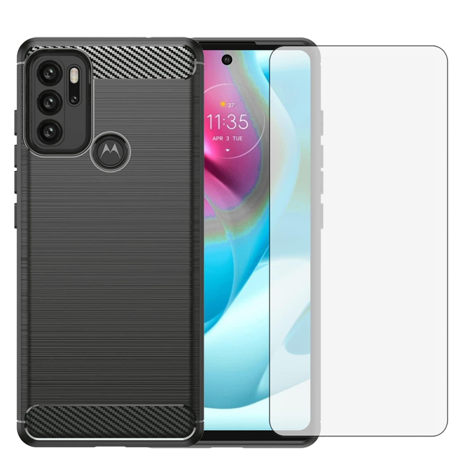 Asuwish Compatible with Motorola Moto G60S Case and Tempered Glass Screen Protector with Cell Accessories Shockproof Soft Slim Silicone Carbon Fiber Phone Cover for MotoG60S G 60S Women Men Black