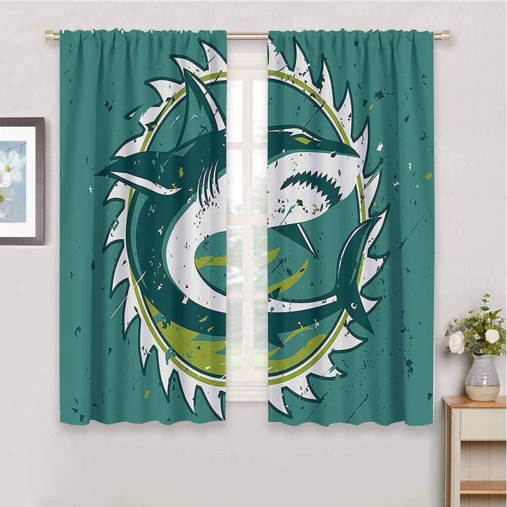 Noise Reducing Curtain Sea Animal Decor Graphic of Shark Hunter in Dark Murky Colors Sharp Teeth Fish Marine Nautical Decorative Shading W55 x L62