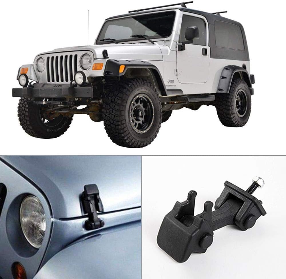 Amazon 2個 ブラックabsボンネットカバーラッチキャッチセットキット 1997 06年式ジープラングラーtj用 両方のフードロック付き 外装 エアロパーツ 車 バイク
