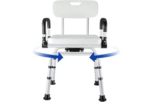 LIVINGbasics Shower Chair with Flip-Up Armrest and Back Support for Senior,Shower Stool Adjustable Height, 360° Swivel and Ho