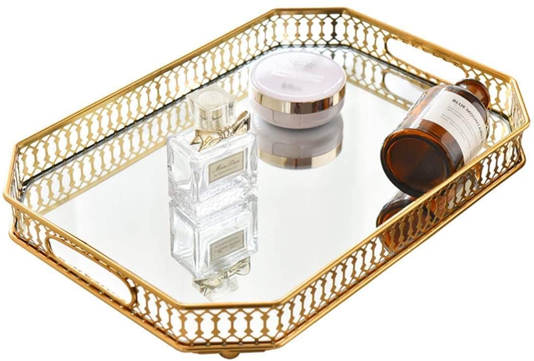 Photo 1 of Perfume Vanity Mirror Tray - Durable Decorative Organizer for Dresser, Bedroom, Bathroom Countertops - Spacious 13.8x9.6x2.2 Inches, Scratch-Resistant - Gold