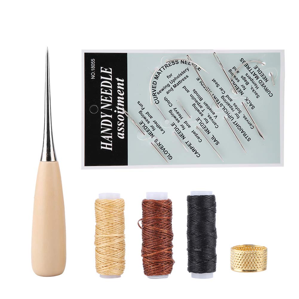 12Pcs Leather Sewing Kit, DIY Leather Hand Stitching Tool Kit with Needle Thread Thimble Awl for Sewing Leather and Canvas