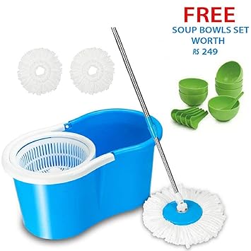 GTC Plastic 360 Degree Spin Floor Cleaning Easy Bucket Mop with 2 Microfiber Heads Get Soup Bowl Free (Multicolour)