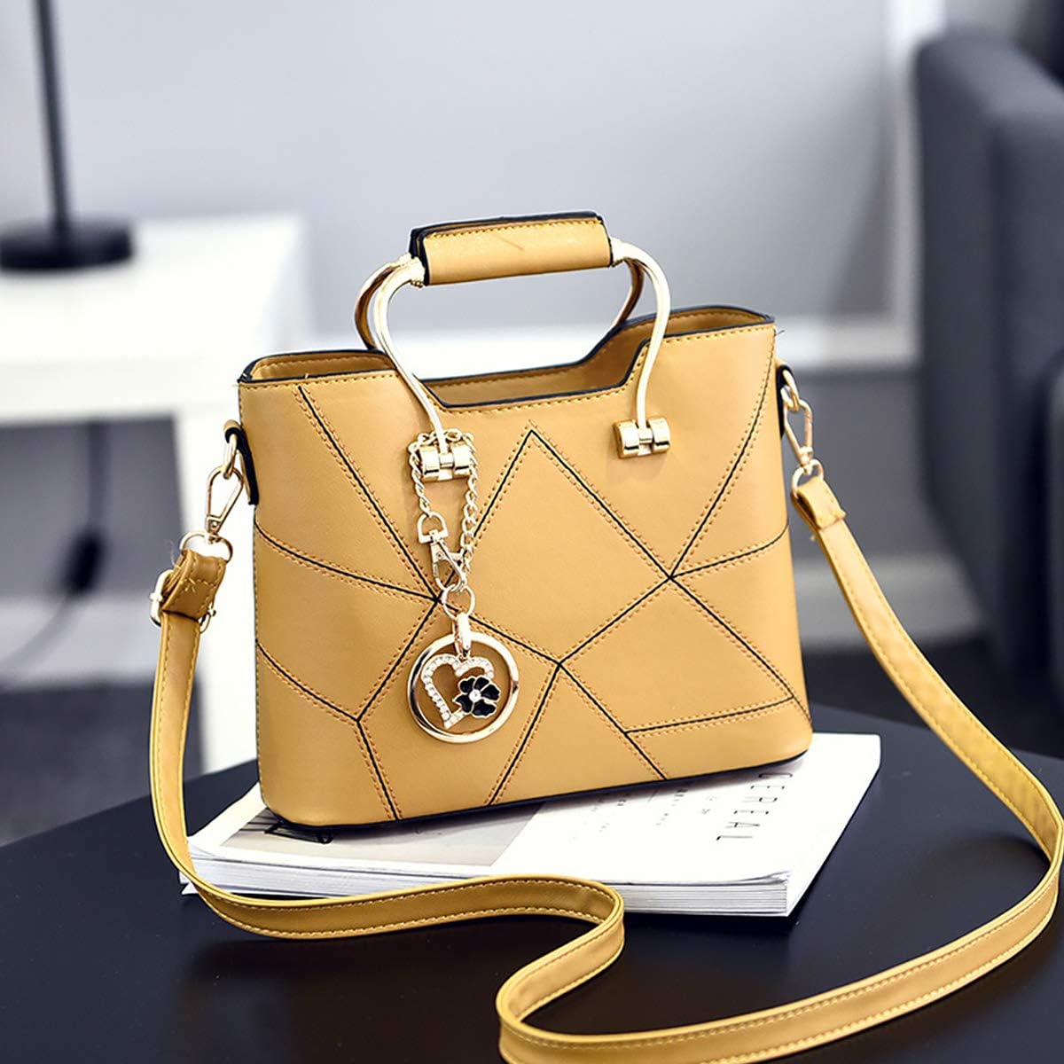 NICOLE & DORIS Fashion Women Small Handbag PU Leather Structured Shoulder Bag Satchel with Metal Crystal Tassel Yellow - Image 4