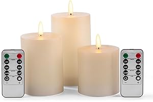 AKU TONPA Pack of 3 LED Flameless Flickering Battery Operated Candles with Remote and Timer, Real Wax Pillar Candles for Festival Wedding Christmas Home Party Decor (Ivory)
