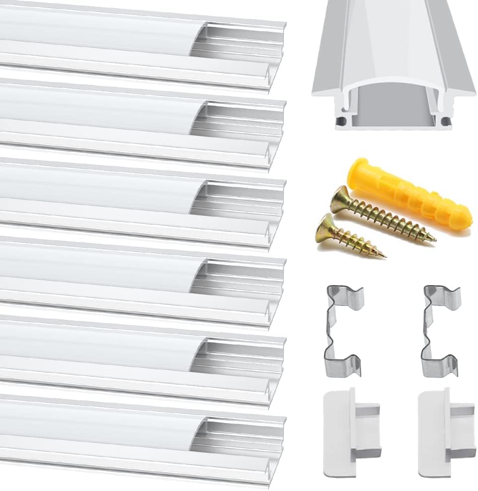 Chesbung Plaster in LED Channel for 12MM LED Strips, 6 Pack 1Meter/3.3ft U Shape Led Aluminum Profile with Cover, LED Stripe Diffusers with End Caps and Mounting Clips — image 1