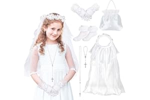BTHRORO First Communion Veil for Girls, Holy Communion Gifts with Satin Communion Bag Lace Socks White Gloves Rosary Beads Catholic Rose Necklace Bracelet 1st Communion Flower Headband with Veils