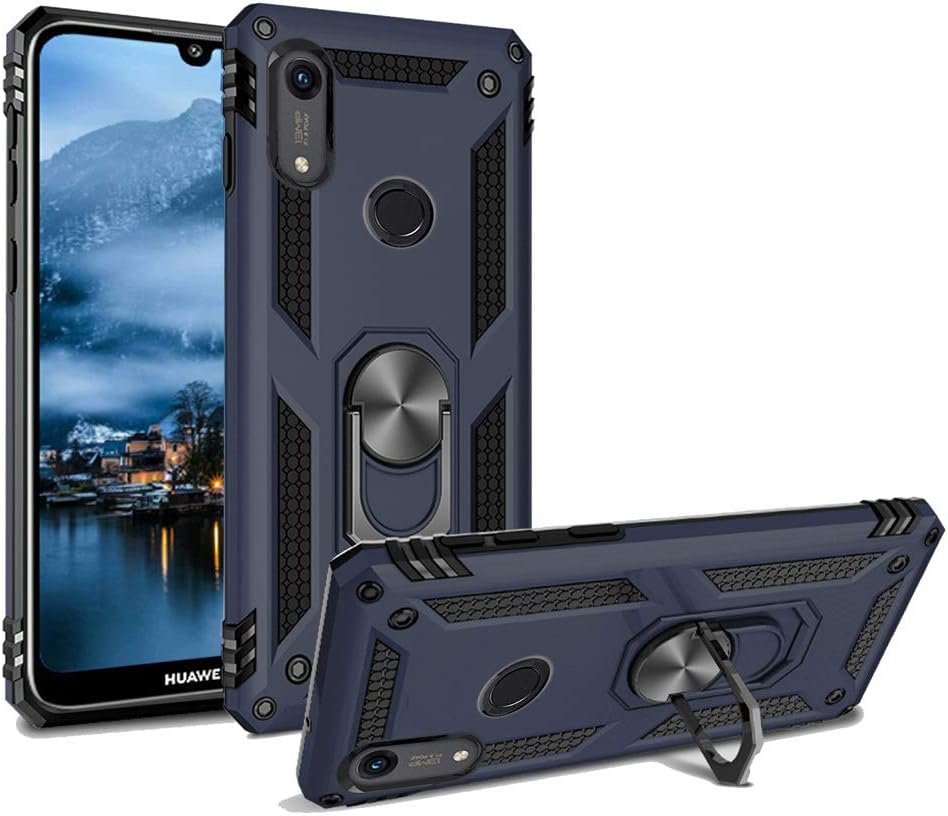 Phone Case for Huawei Y6 2019 /Y6 Prime Armor Heavy Duty 360 Rotatable Ring Kickstand Cover & Magnetic Car Mount Grip Shockproof Back Case for Huawei Honor 8A(Blue)