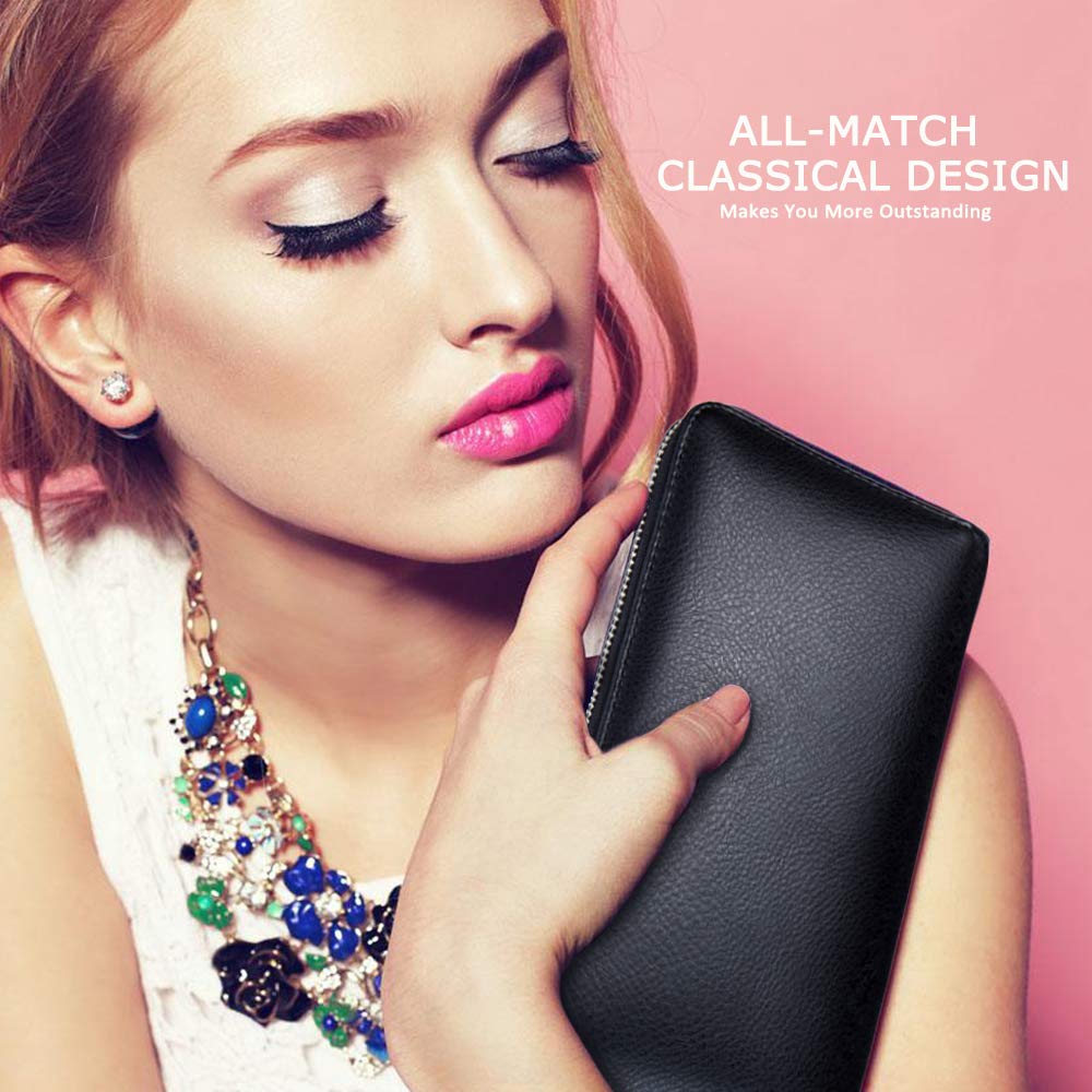 Credit Card Wallet Leather RFID Card Case Wallet for Women Huge Storage Capacity (Black)